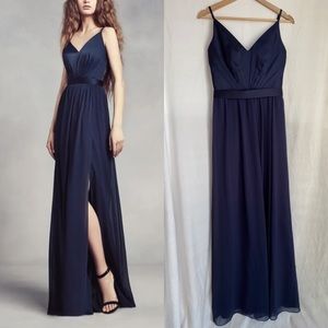 WHITE by Vera Wang V Neck Chiffon Maxi Dress Midnight Blue Size US 4 Bridesmaid